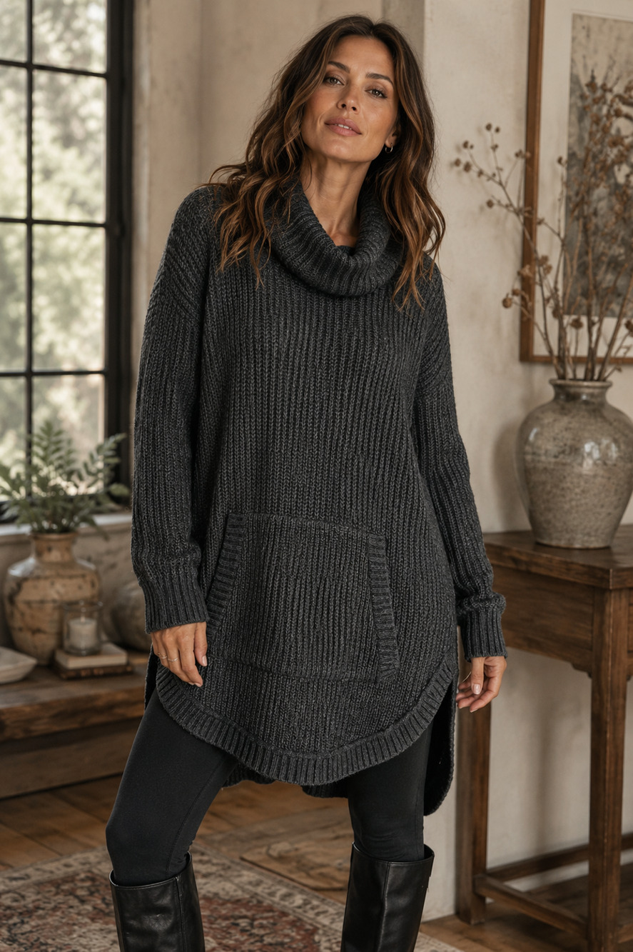UGG Sz L Gray Wool Blend Cowl Neck Oversized Tunic Sweater Kangaroo Pocket